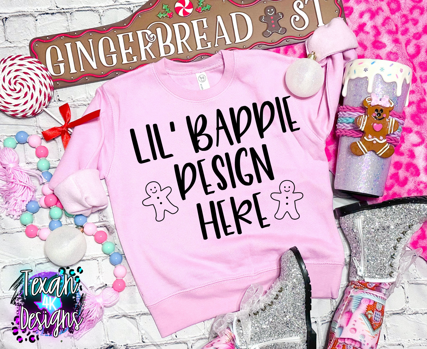 light pink crewneck sweatshirt, toddler girl, leopard, edgy, christmas gingerbread, flatlay mock up