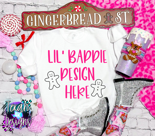 white crewneck sweatshirt, toddler girl, leopard, edgy, christmas gingerbread, flatlay mock up