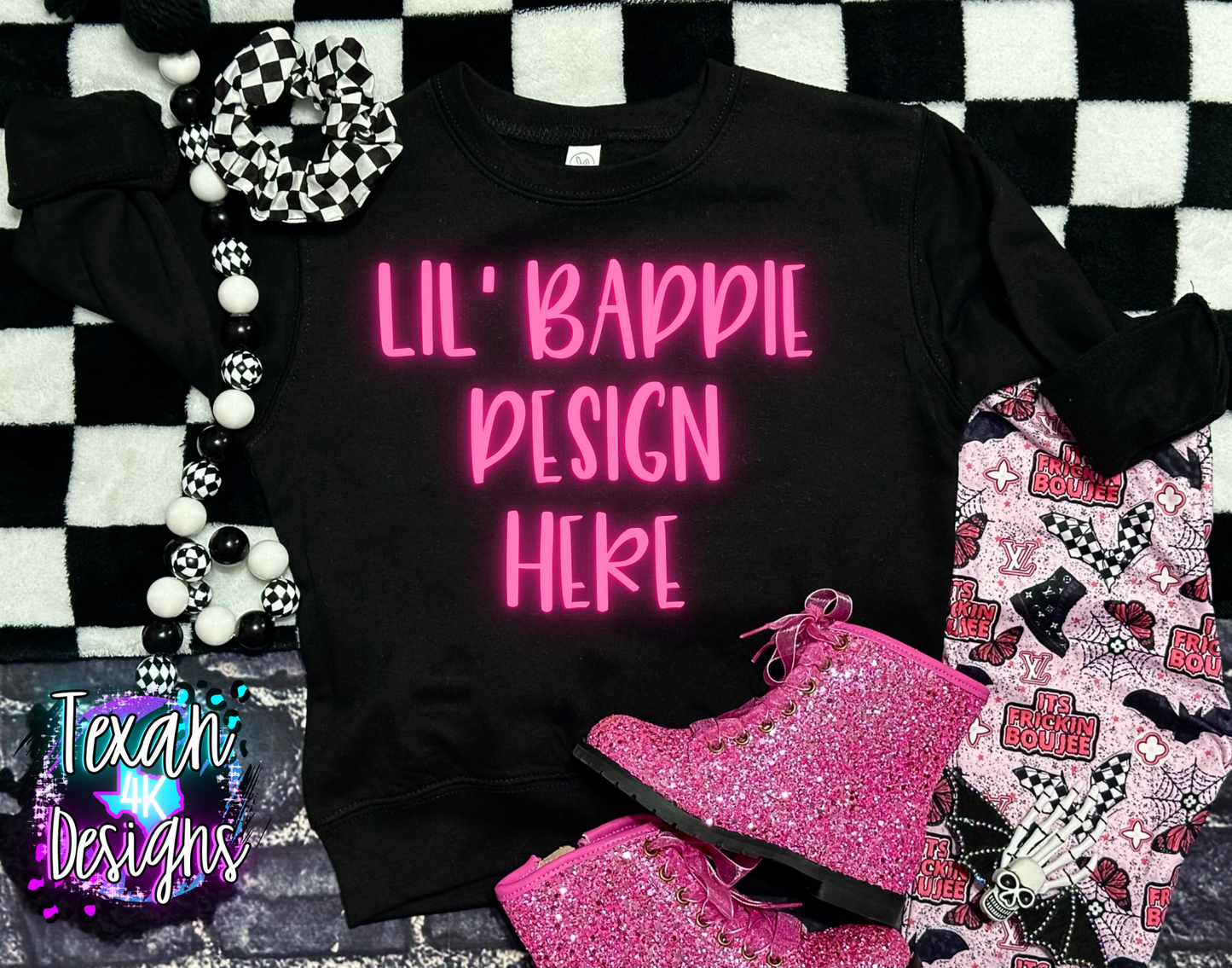 black creneck  shirt, toddler girl, checkered, edgy, spooky, boujee,  flatlay mock up