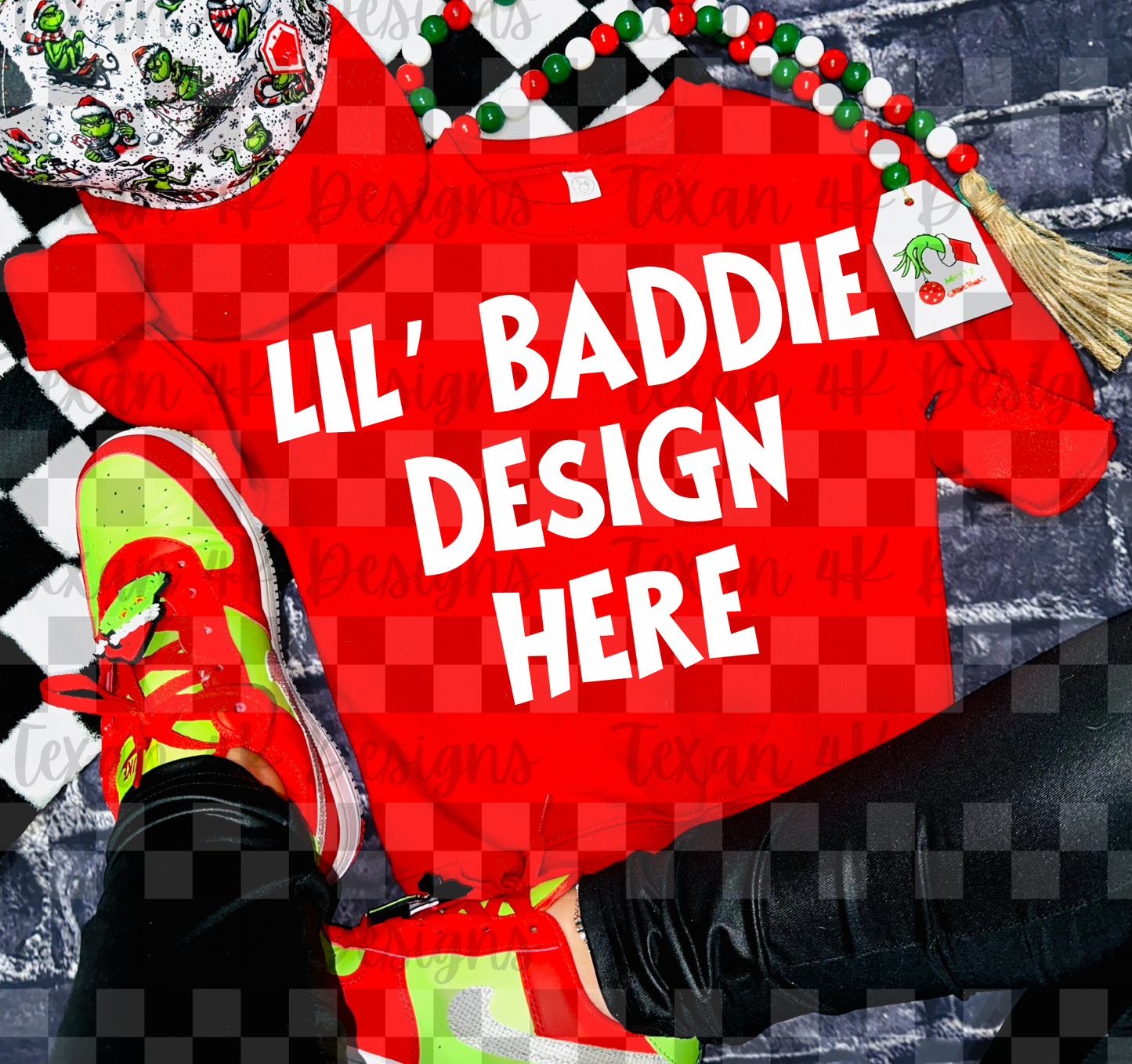 red crewneck sweatshirt, toddler boy, checkered, edgy, christmas, flatlay mock up