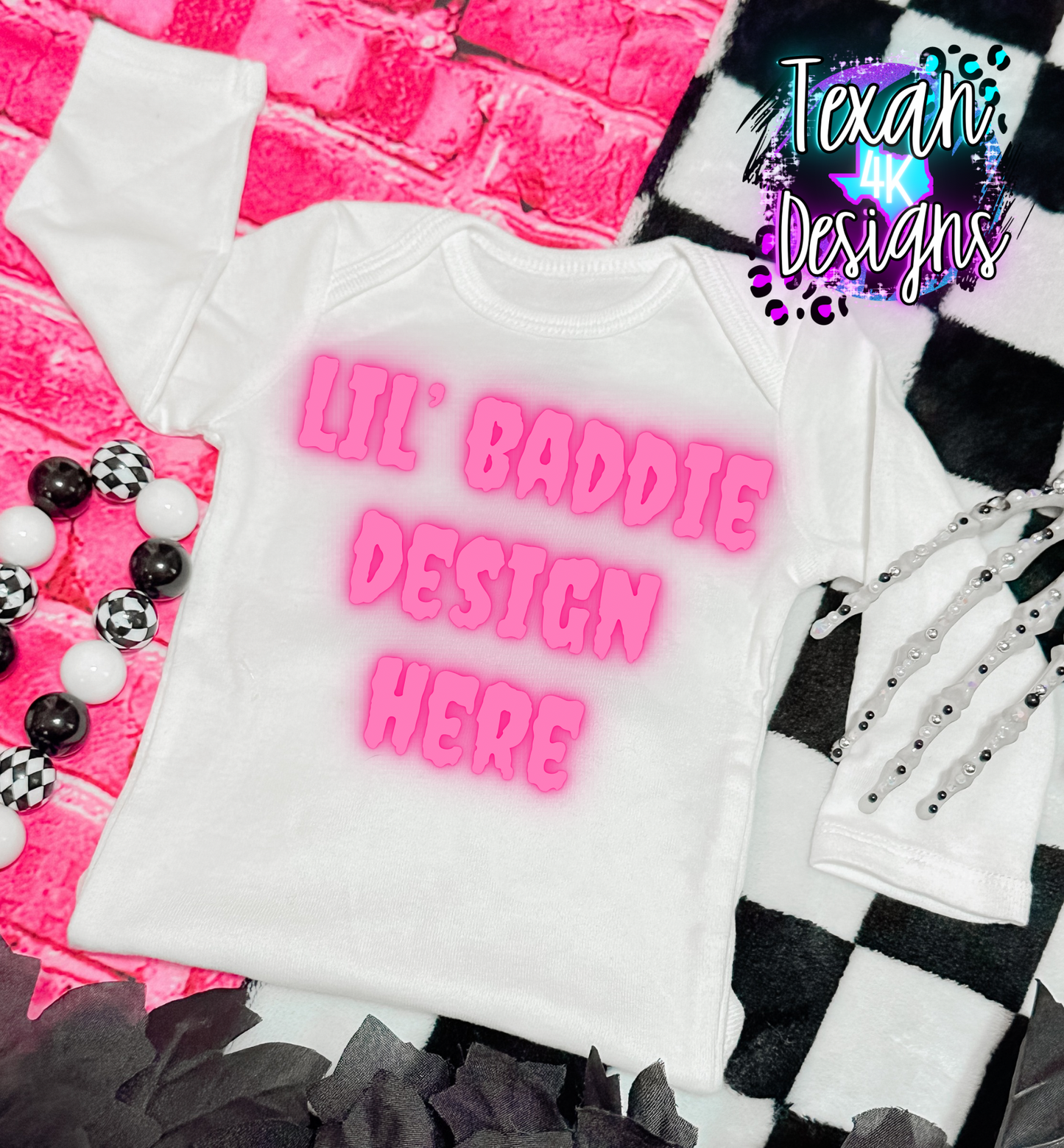 white onsie, infant girl, checkered, edgy, spooky, flatlay mock up