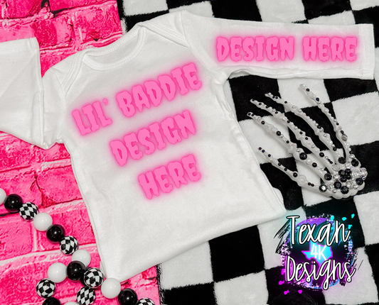 white onsie with sleeve , infant girl, checkered, edgy, spooky, flatlay mock up