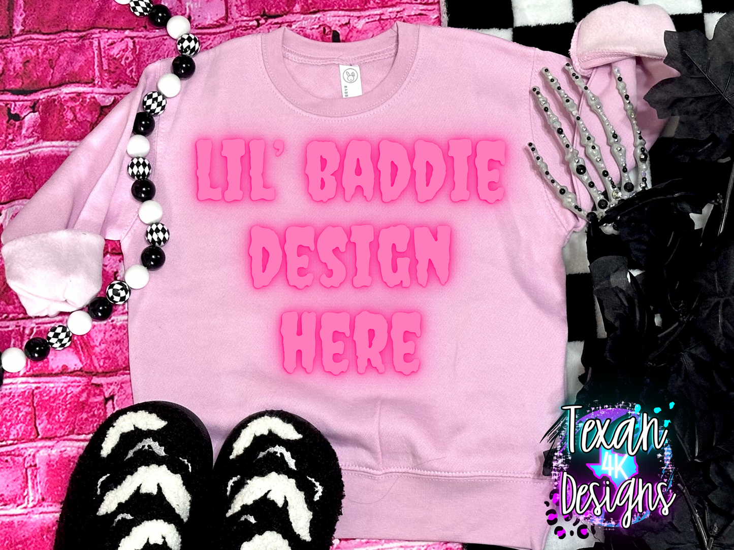 light pink crewneck , toddler girl, checkered, edgy, spooky, flatlay mock up