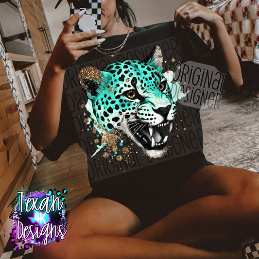 gold gitter teal leopard - DIGITAL PNG