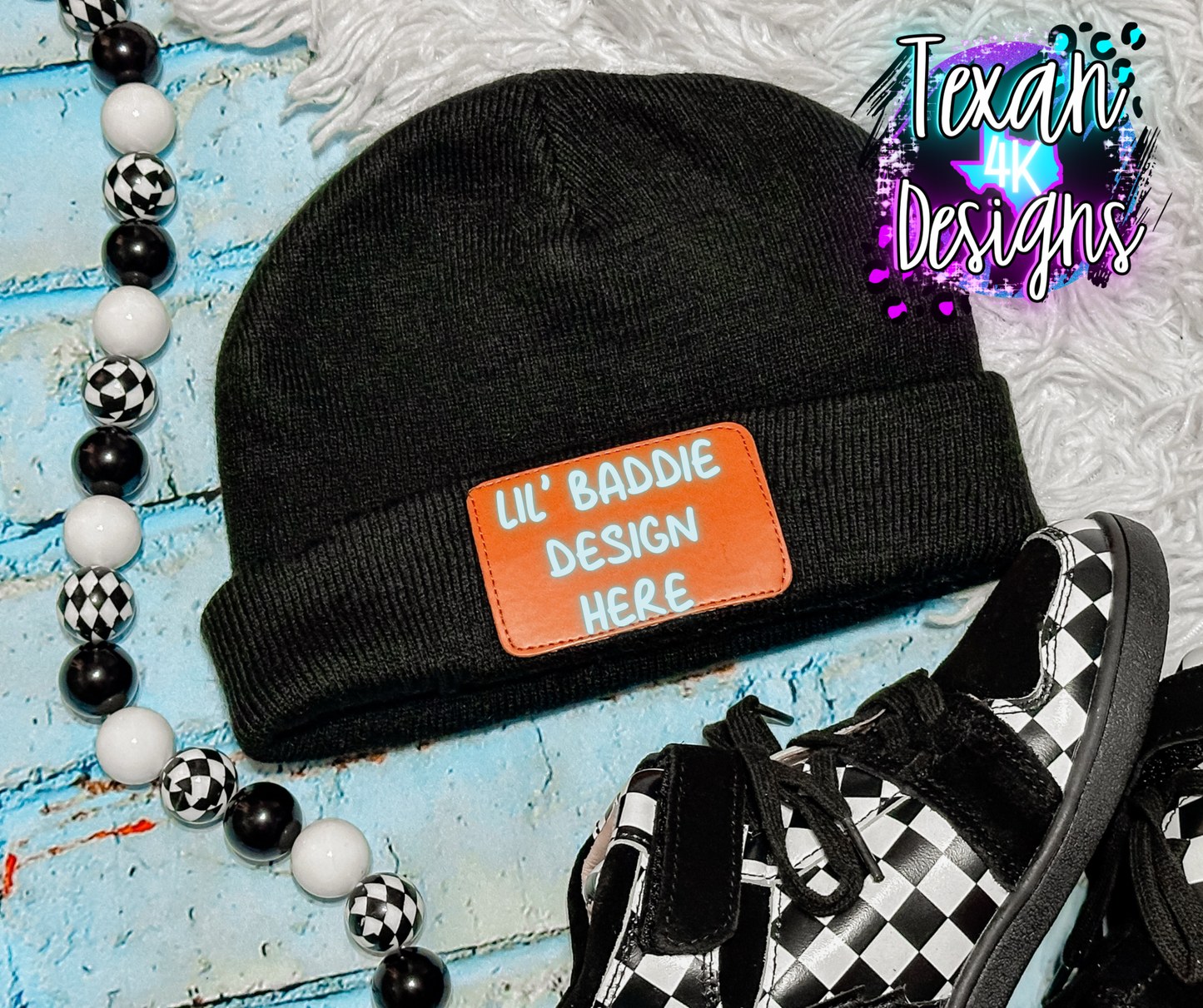 black beanie , toddler boy, edgy, checkered, flatlay mock up