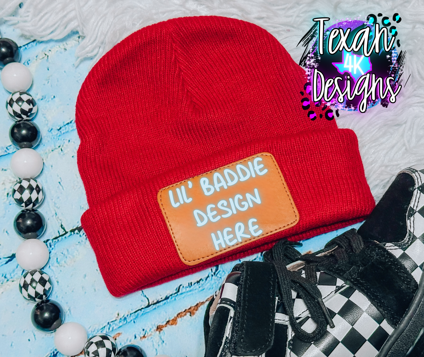 red beanie , toddler boy, edgy, checkered, flatlay mock up