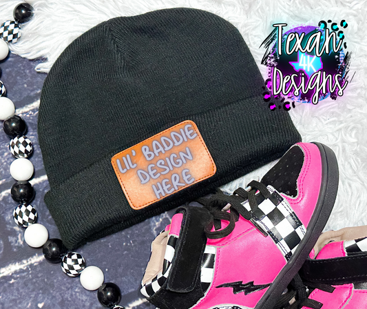 black beanie , toddler girl, edgy, checkered, flatlay mock up