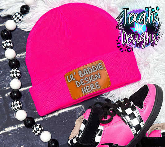 hot pink beanie , toddler girl, edgy, checkered, flatlay mock up