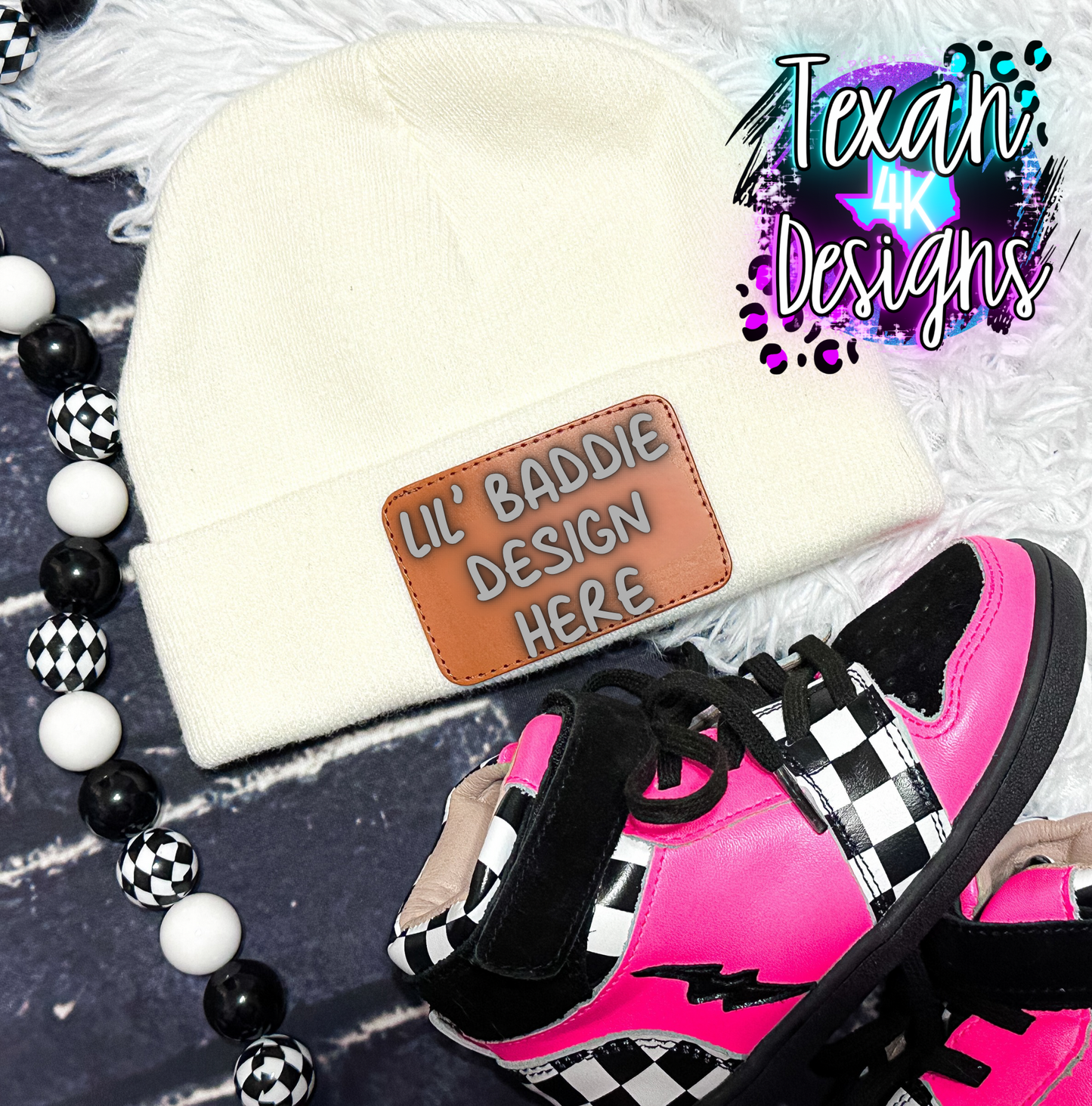 white beanie , toddler girl, edgy, checkered, flatlay mock up