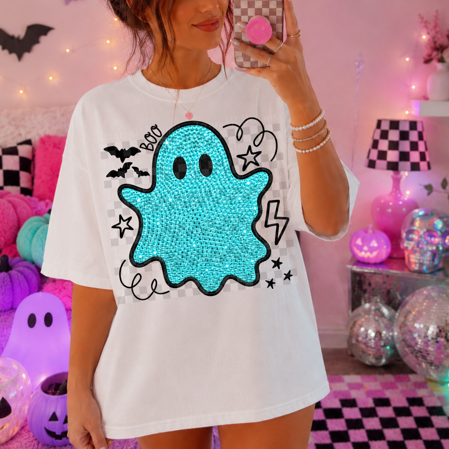 rhinestones doodle purple ghost (teal)- DIGITAL PNG