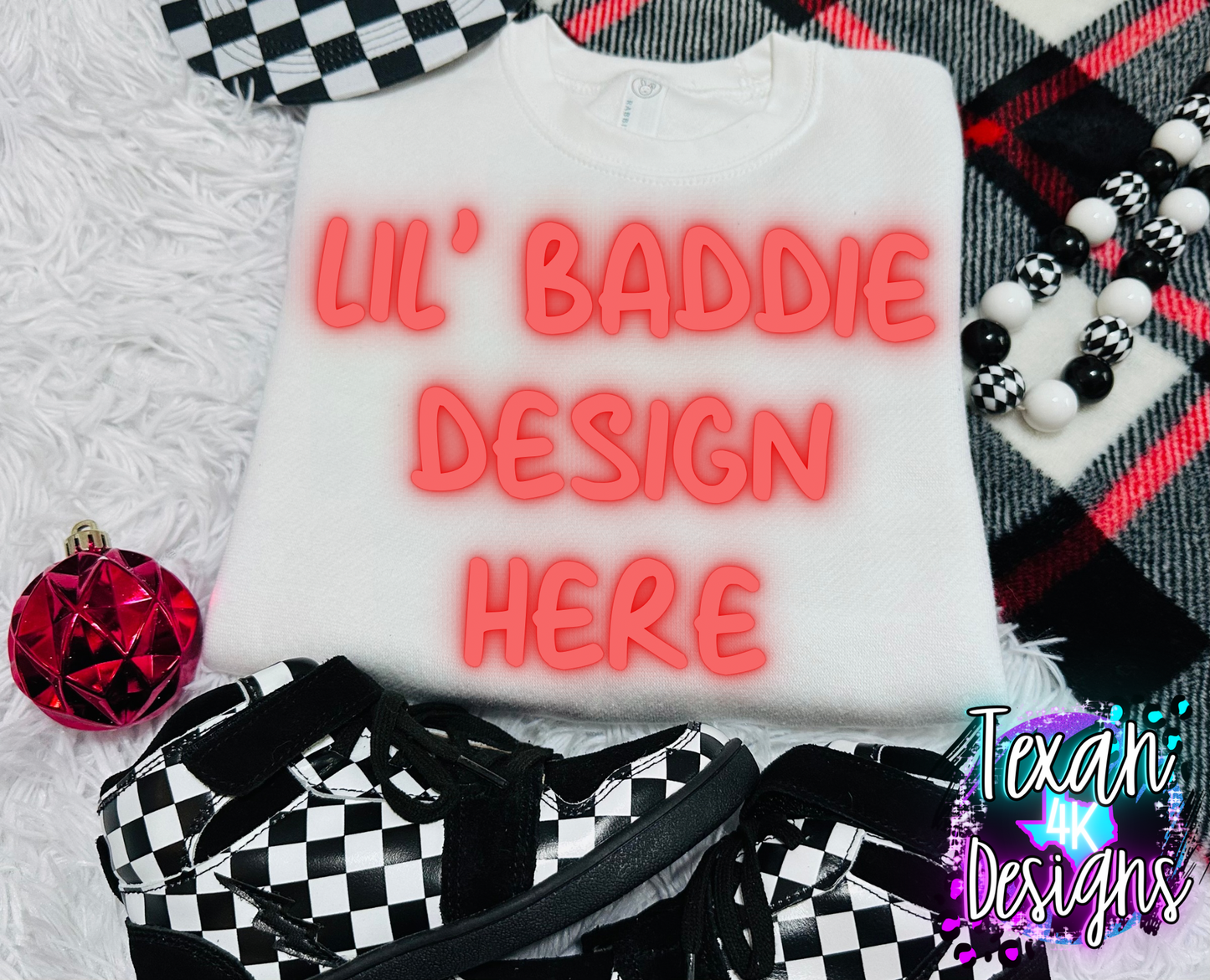 white cewneck shirt , toddler boy, checkered, edgy, spooky, flatlay mock up - classic christmas