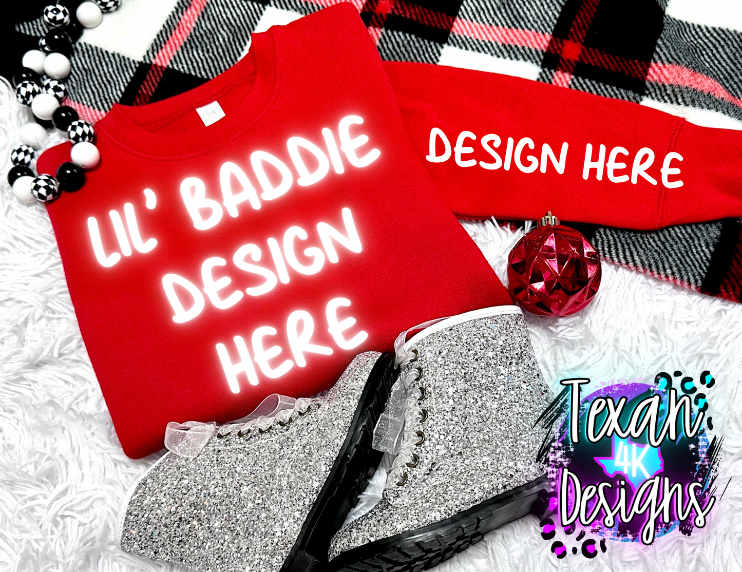 red crewneck sweatshirt w/ sleeve, toddler girl, checkered, edgy, spooky, flatlay mock up - classic christmas