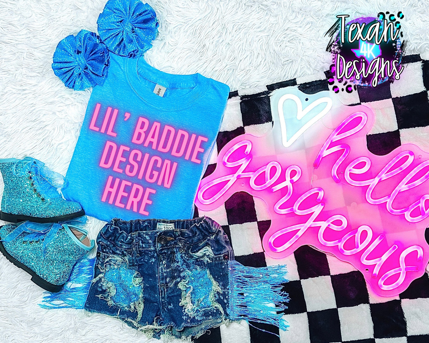 gildan blue shirt, toddler girl, checkered, neon, flatlay mock up, digital download