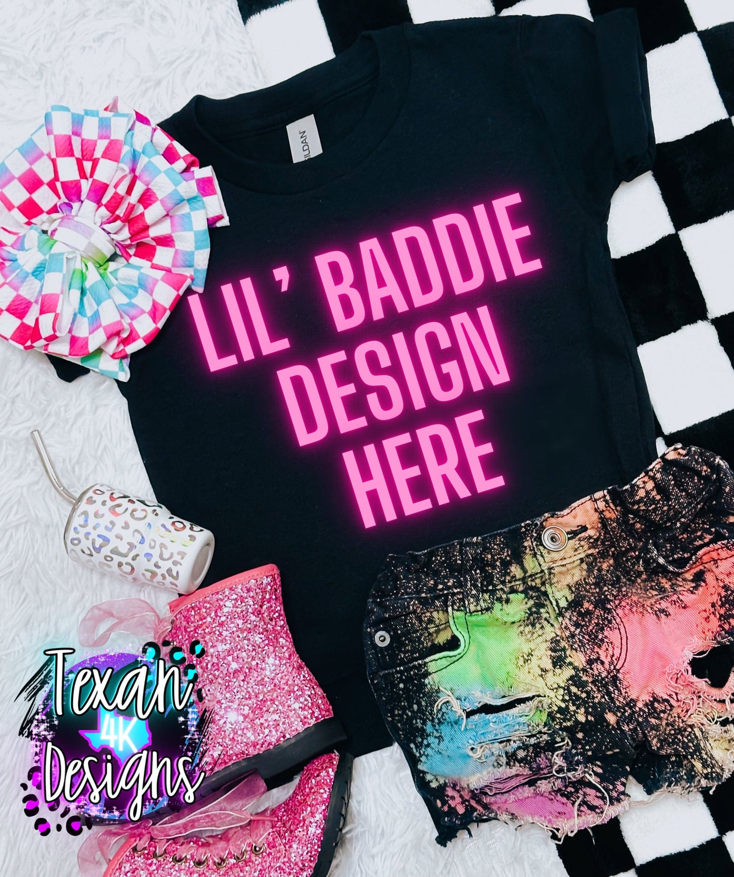 2 gildan black shirt, kids, toddler, edgy, checkered, mock up flatlay, girl, digital download