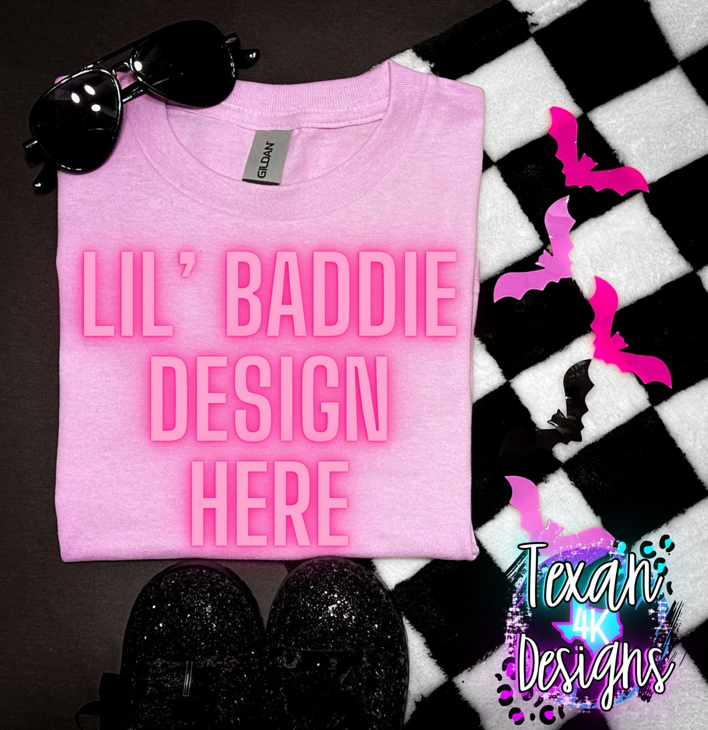 gildan light pink shirt, toddler girl, edgy, spooky, checkered, flatlay mock up, digital download