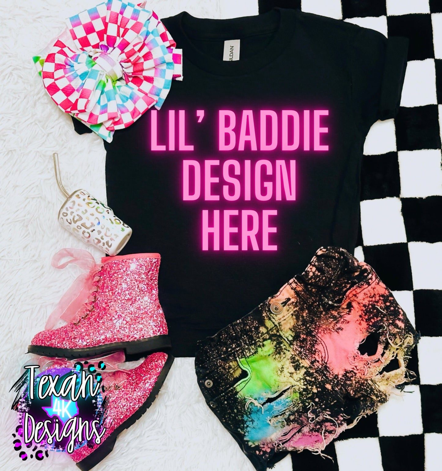 2 gildan black shirt, kids, toddler, edgy, checkered, mock up flatlay, girl, digital download